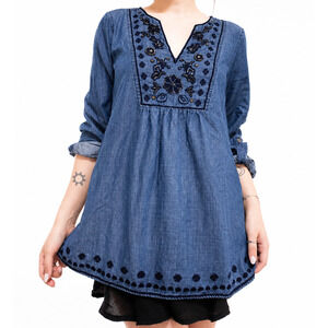 Vintage American Size Medium Denim Beaded Top Blouse Shirt